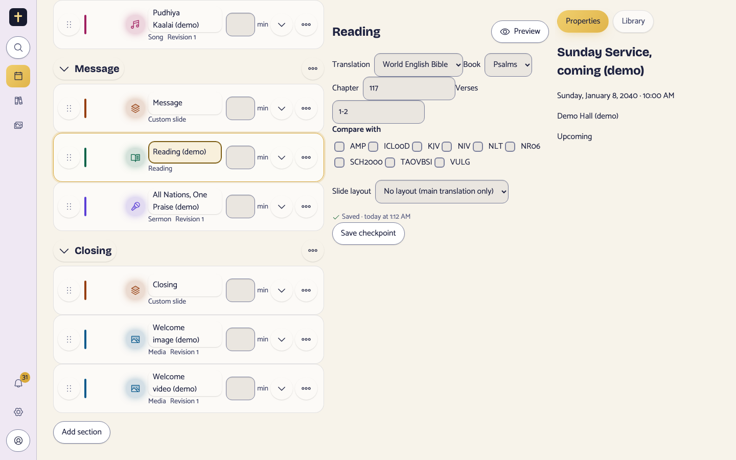 HolyDeck demo service workspace in English